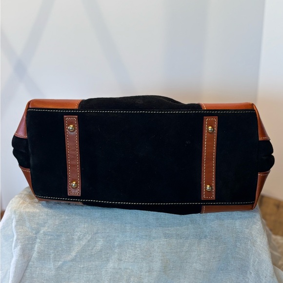 Dooney & Bourke black suede drape tote with brown leather trim. - Picture 7 of 12
